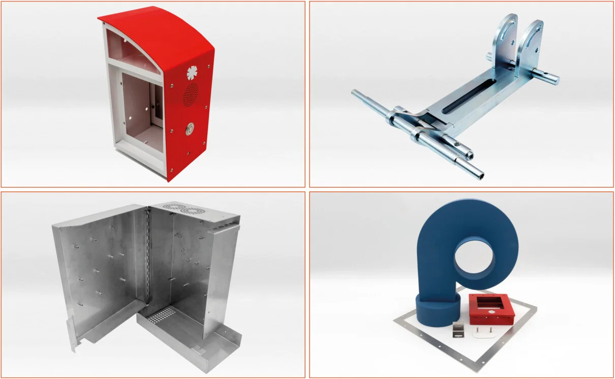 Vier verschiedene Baugruppenkomponenten aus Metall – darunter Gehäuse, Halterung, Winkelblech und Rohrteil für industrielle Anwendungen.