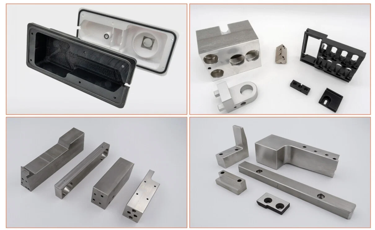 Mehrere gefräste Metallbauteile mit unterschiedlichen Geometrien und Aussparungen – gefertigt aus Aluminium und Edelstahl